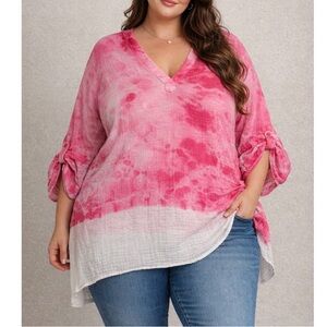Fresh Produce Pink and White Tie-Dye Blouse roll tab sleeve 100% Cotton SZ XXL